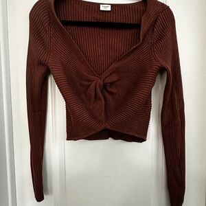 Abercrombie Ribbed Twist-Front Cropped Long Sleeve Knit  Top - Brown